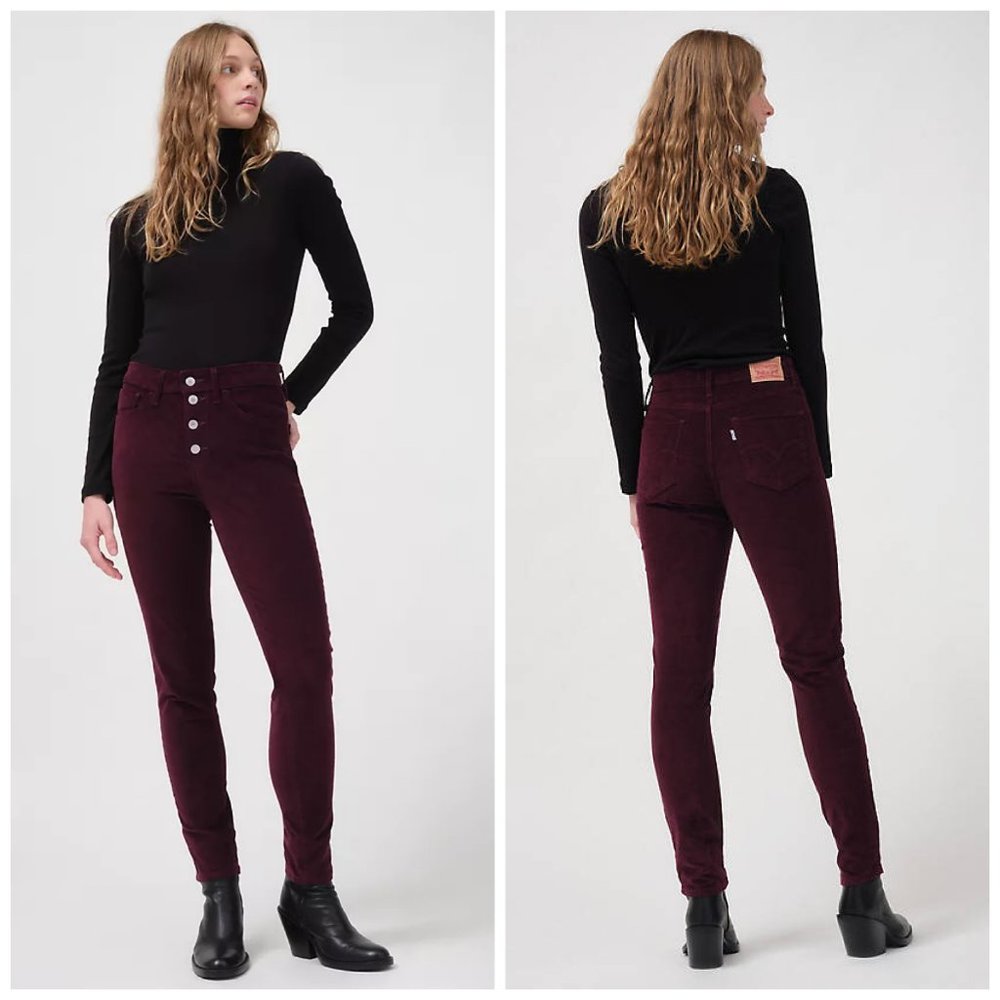 Levis Womens 721 High Rise Skinny Corduroy Pant 2 26 Button Front Holiday Red